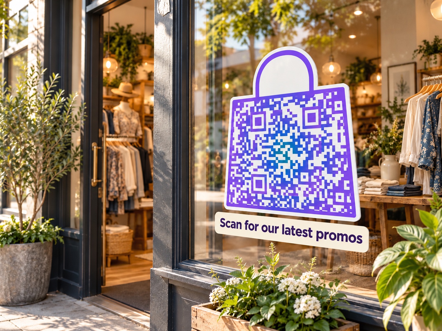 Shopping bag QR displayed on a boutique window