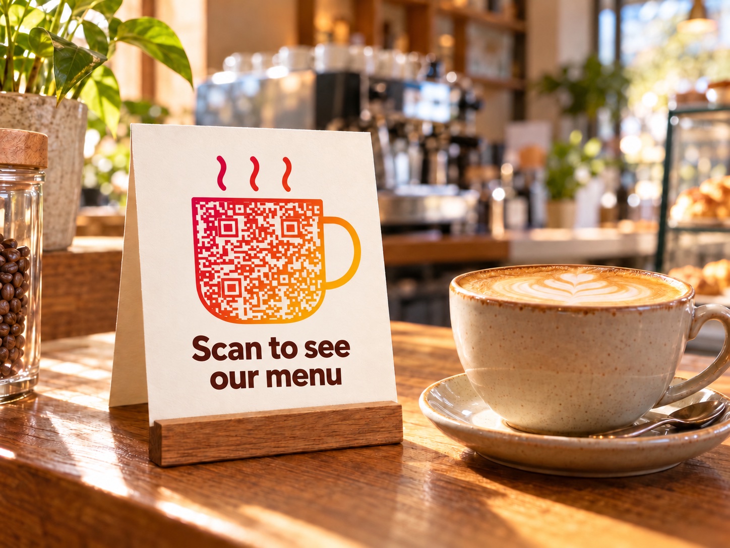 Coffee cup QR on a menu card in a warm coffee shop