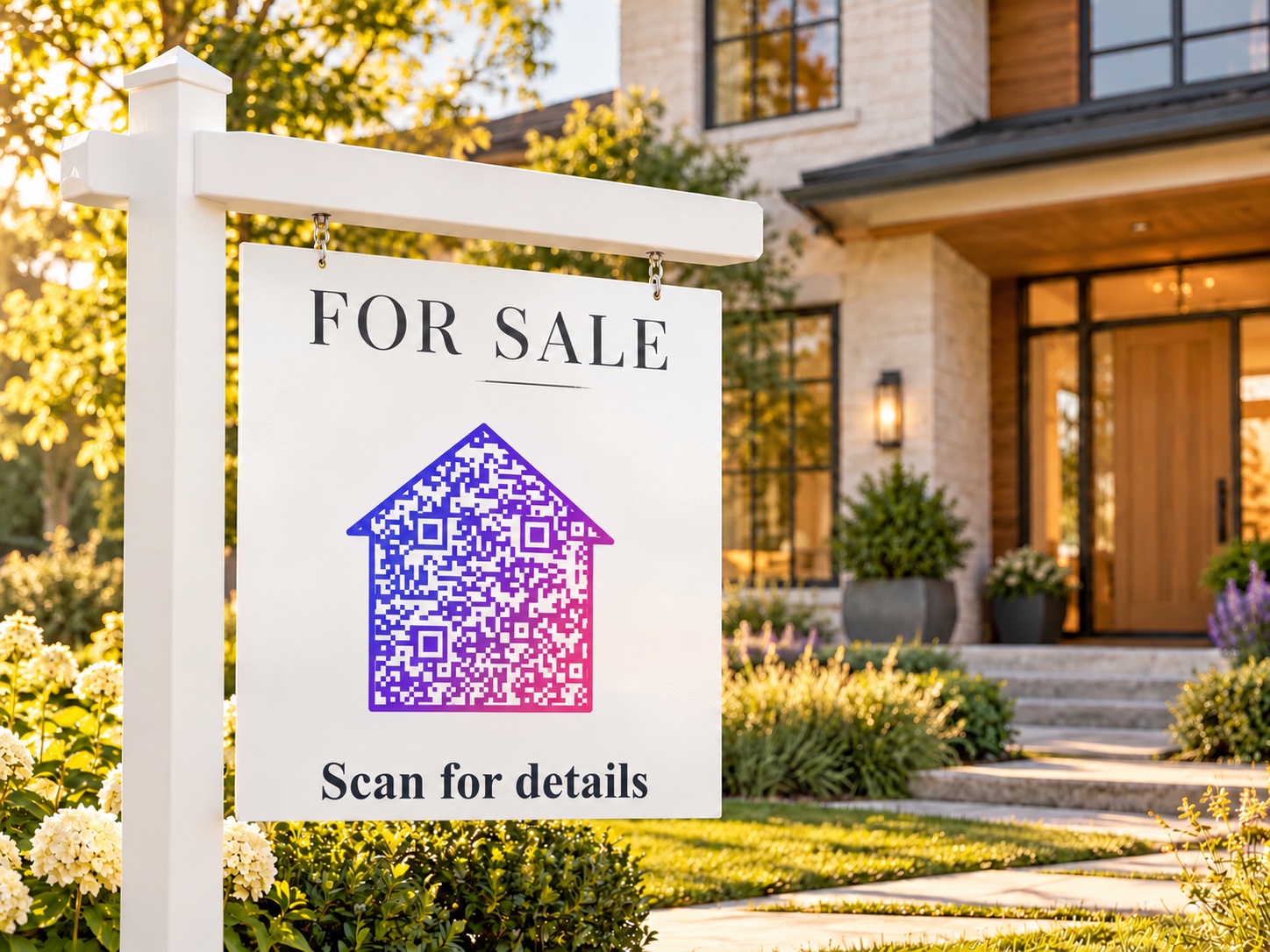 House-shaped QR on a real estate sign outside a home