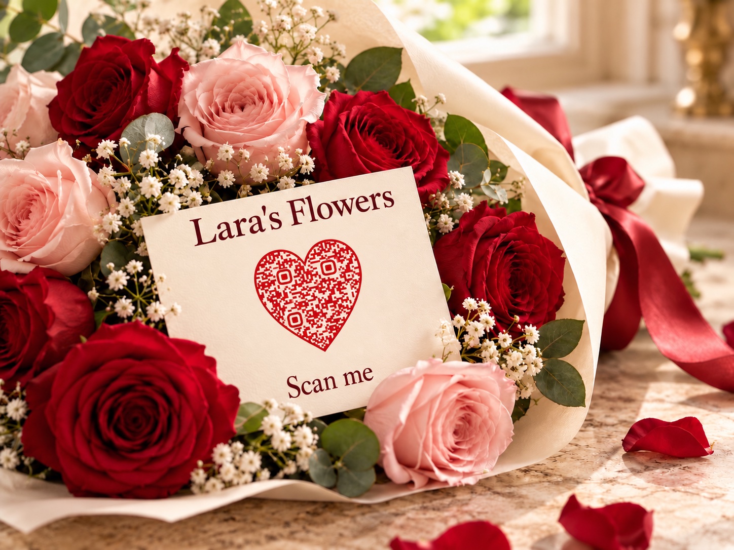 Roses with a heart-shaped QR printed on a gift card