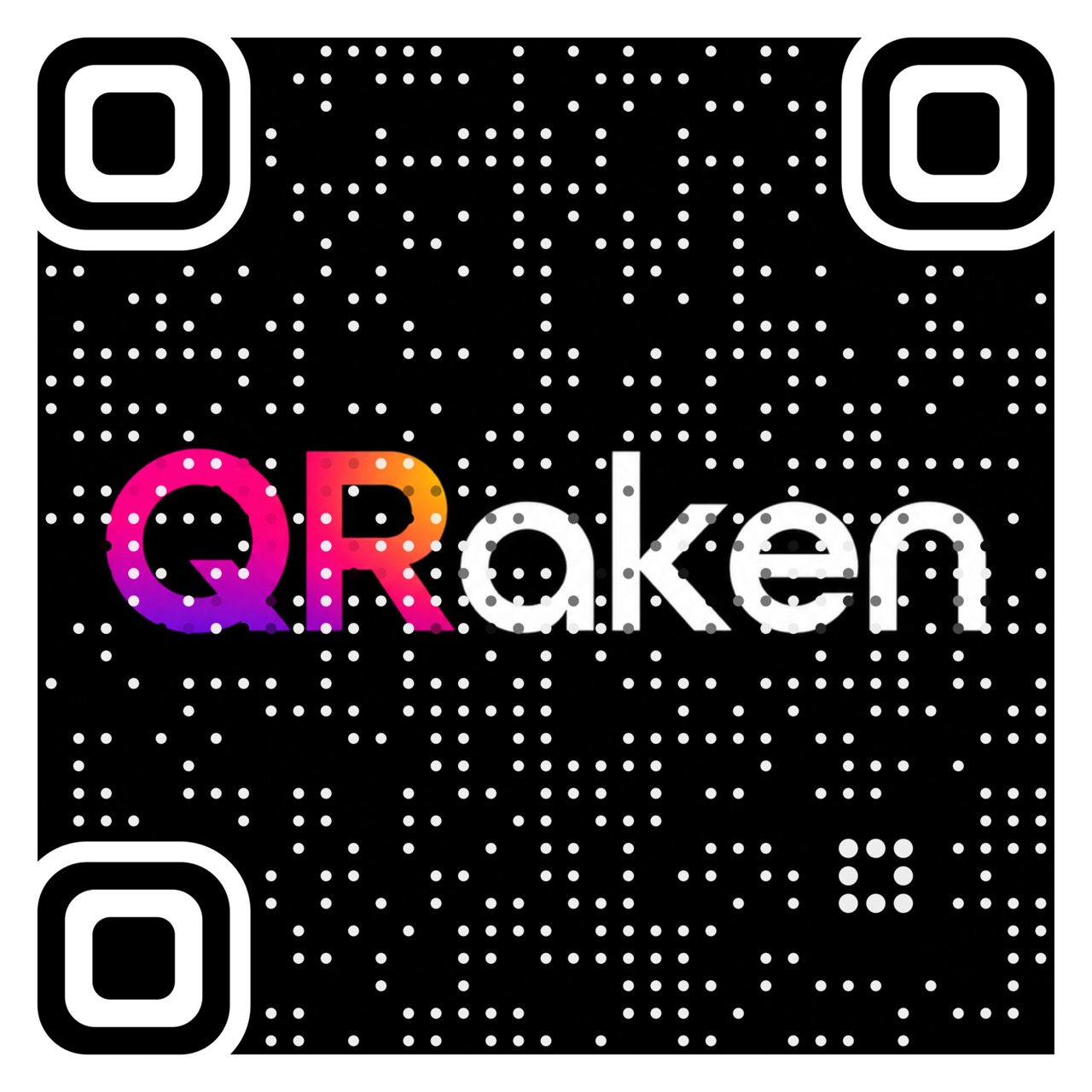 The original QRaken logo blended into a QR code with pink, purple and orange lettering